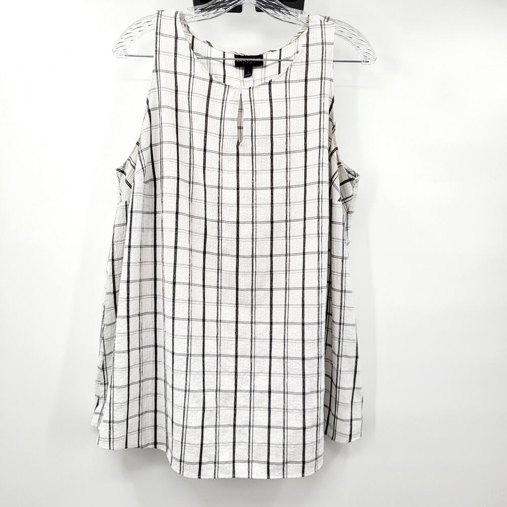 Lane Bryant Off-White & Black Grid Print Keyhole Neck Textured Top Women's 14